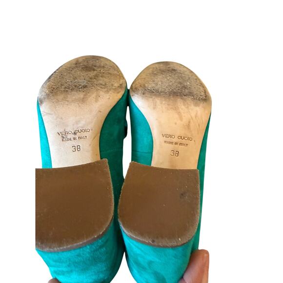 Club Monaco Teal Suede Block Heel Loafers Fringe Made in Italy EU 38 US 7.5 8 - Picture 7 of 7